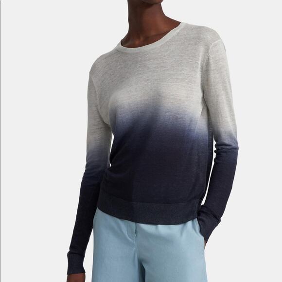 Theory Navy Linen Sweater Small Ombre Crew Neck Sag Harbor Lightweight Knit - Picture 7 of 15